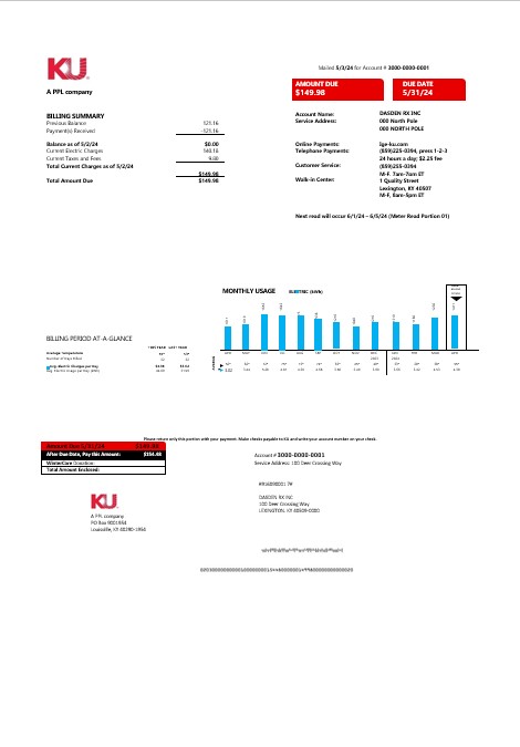 USA Kentucky electricity business utility bill template in Word and PDF format